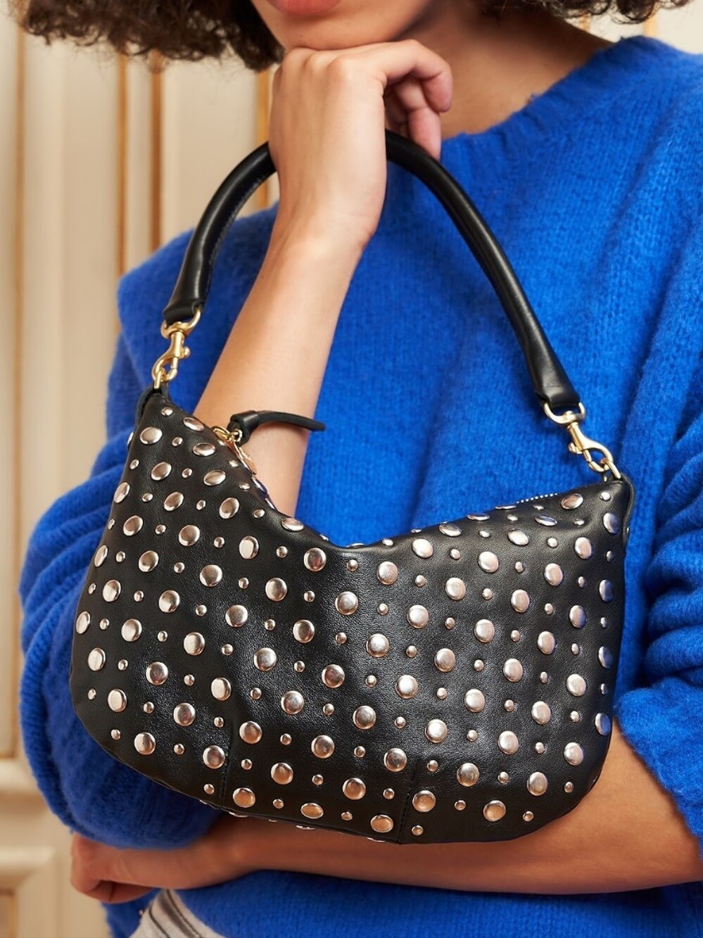 EXCELLENT CLARE V PETIT MOYEN MESSENGER BAG - BLACK NAPPA WITH SILVER STUDS
